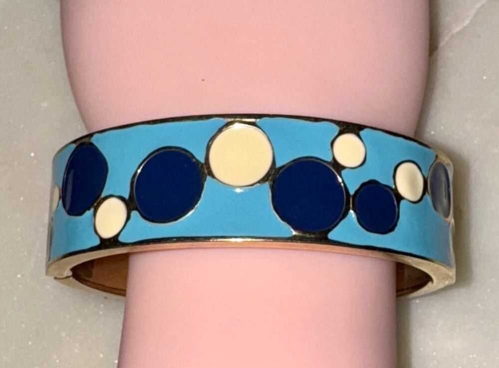 Vintage Multicolor Blue Cream Aqua Circles Gold Tone Trim Clamp Cuff Bracelet